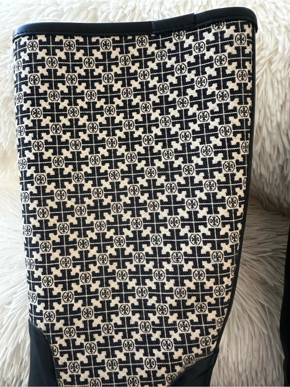 Tory Burch T Monogram Hurricane Tall Rain Boots Waterproof Black Cream Size 9